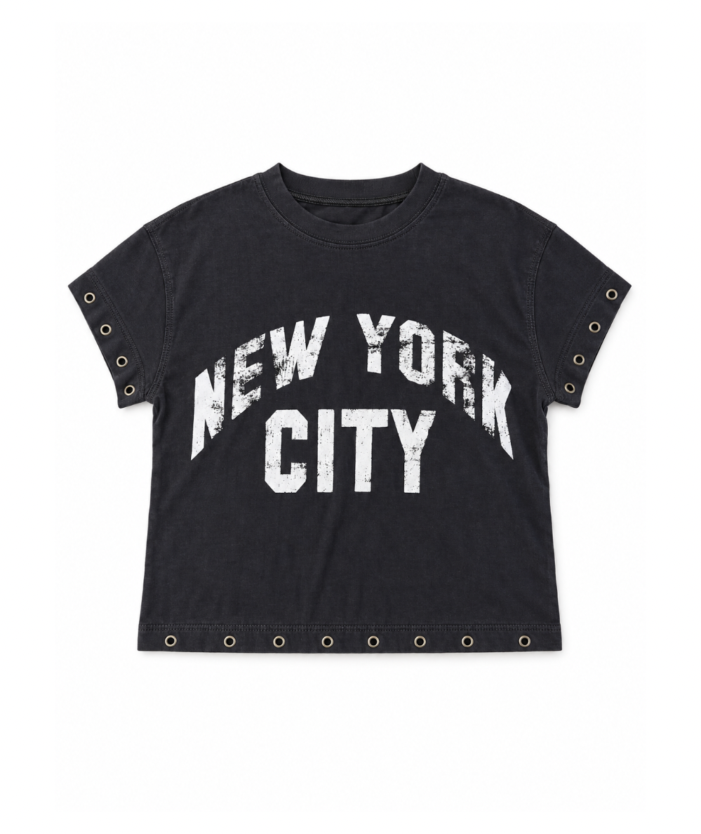 Vintage Havana Tween Madison navy NYC graphic tee with distressed white lettering and metallic grommet trim