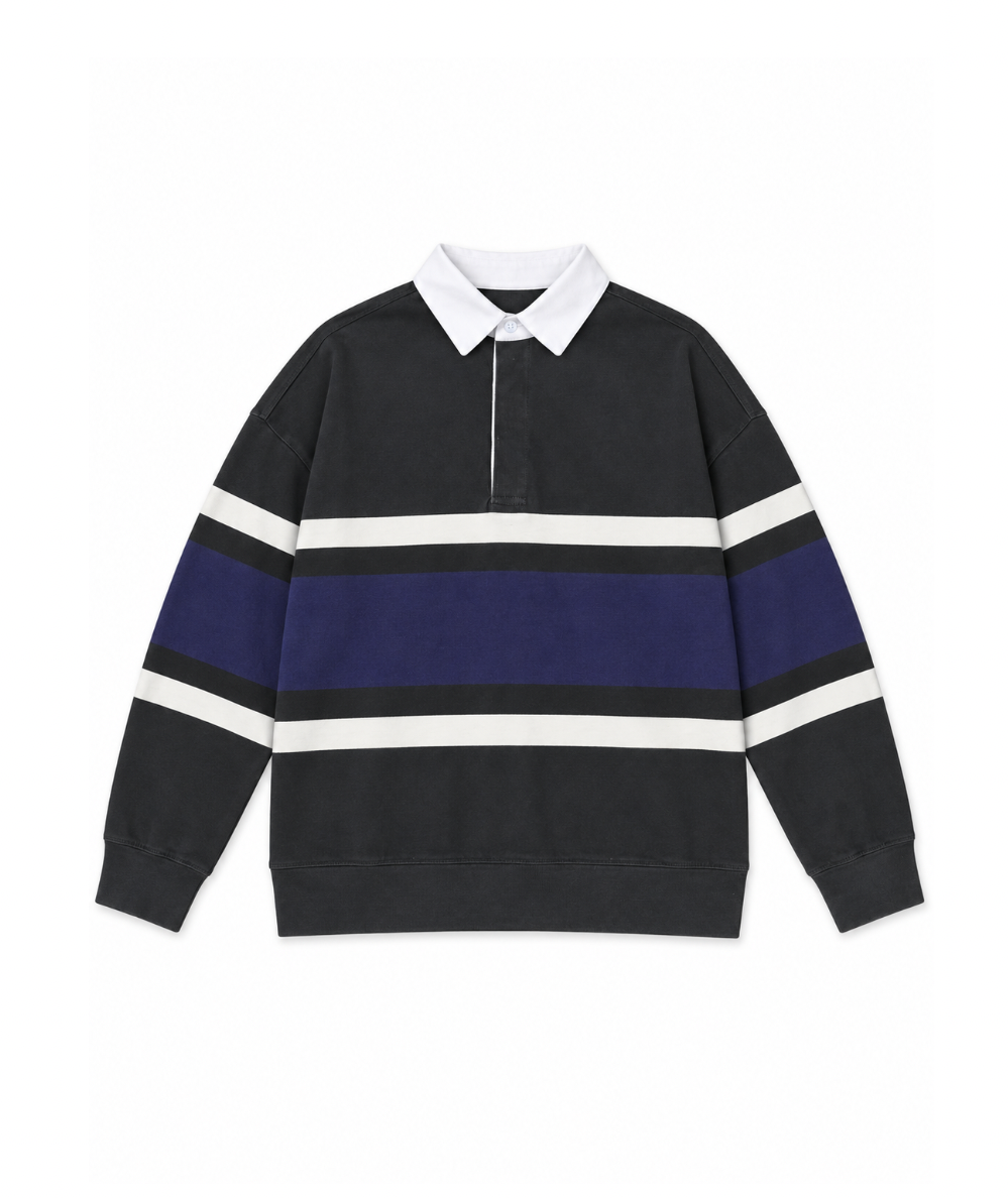 Vintage Havana Tween Heritage Stripe long-sleeve polo in green and blue with contrast stripes and a white collar