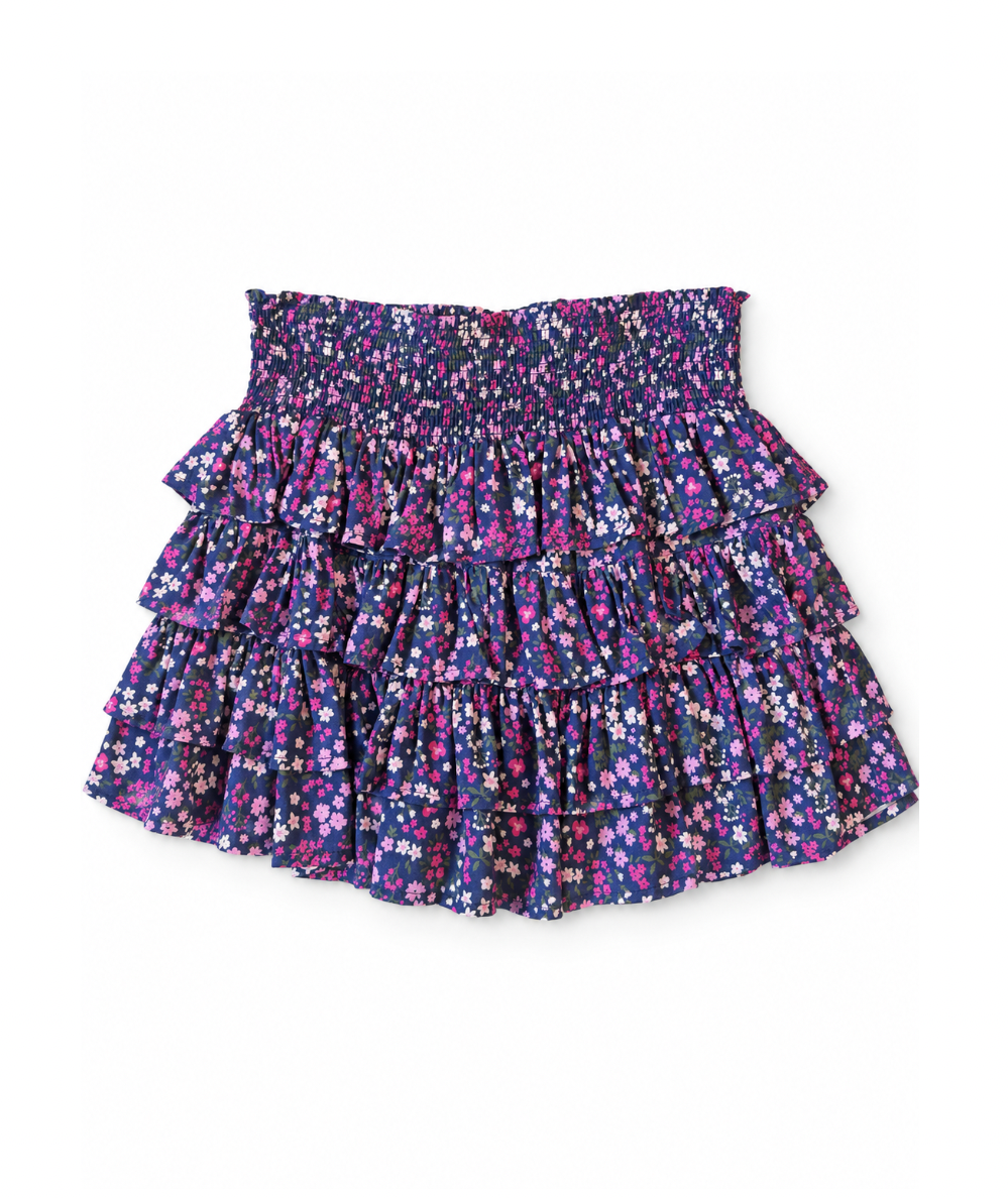 Design History tween tiered floral ruffle skirt with a smocked waistband in navy, pink, purple, blue, and white floral print