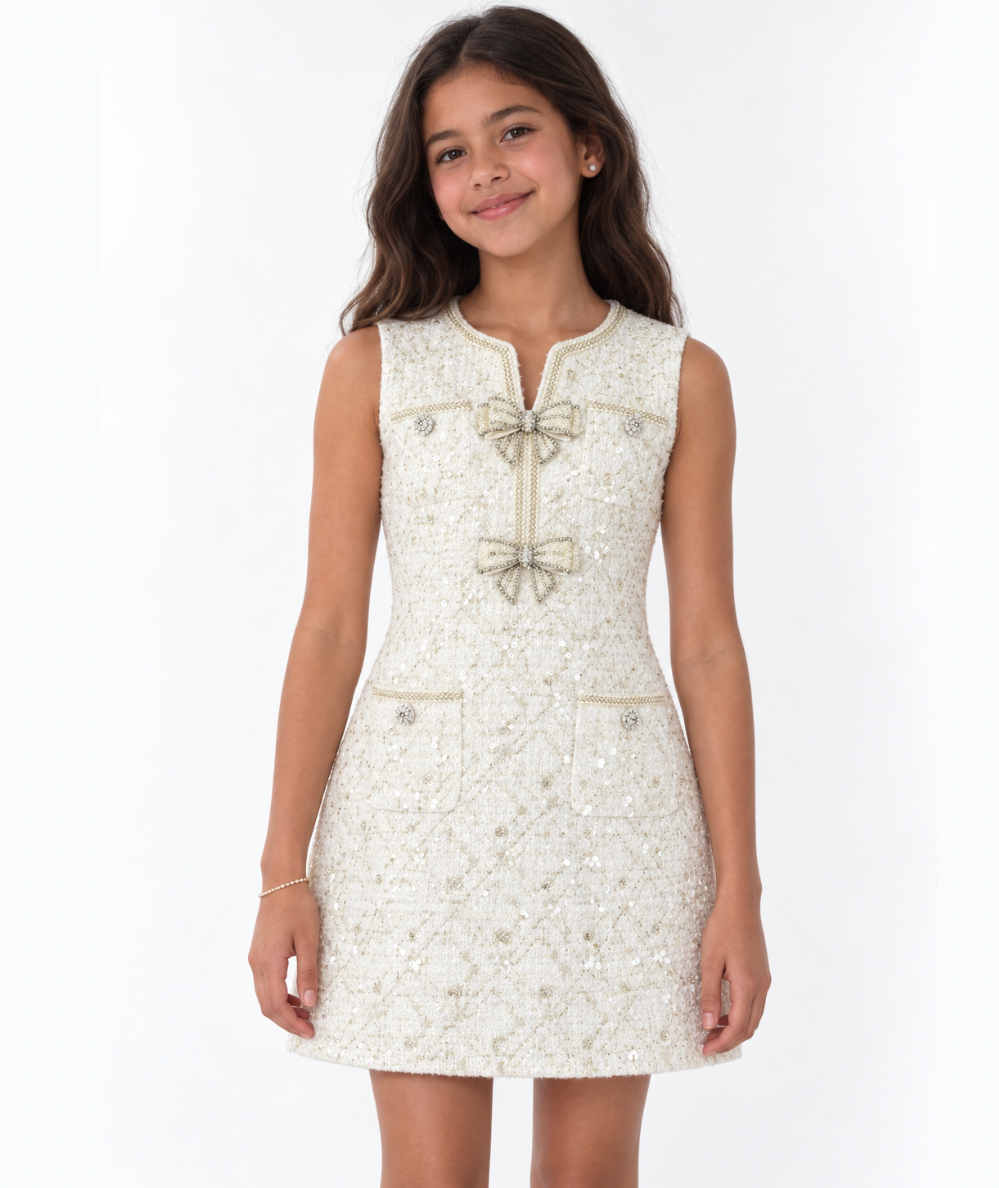 Tween model wearing the Lola & the Boys Blair ivory sequin tweed dress with jeweled bows and gold-tone trim.