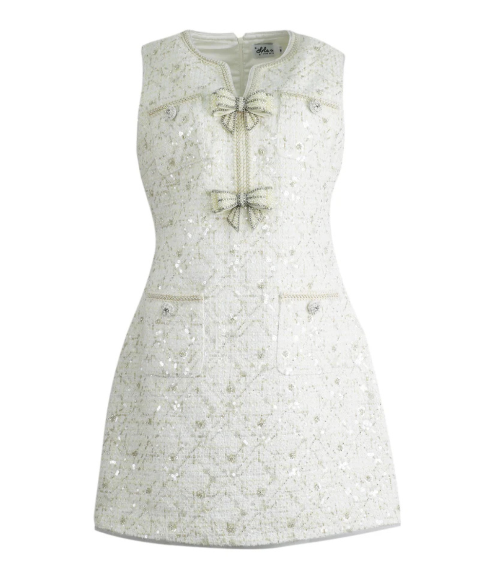 Lola & the Boys Blair ivory sequin tweed dress with jeweled bows and gold-tone trim.