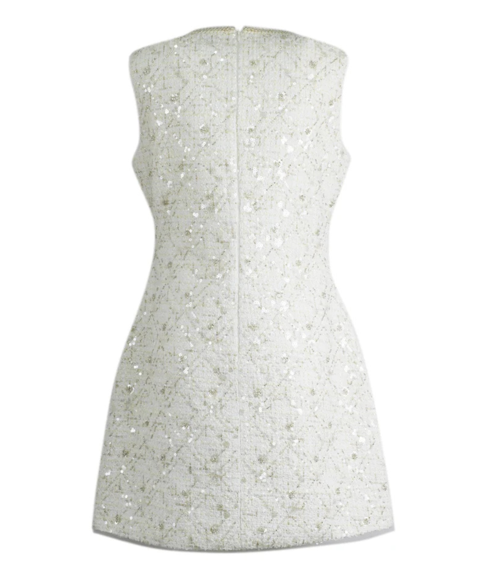 Back view of the Lola & the Boys Blair ivory sequin tweed dress with jeweled bows and gold-tone trim.