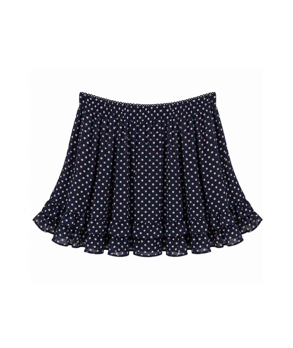KatieJ NYC Tween Monica Ruffle Mini Skirt in Evening Blue navy with baby pink polka dots and double ruffle hem