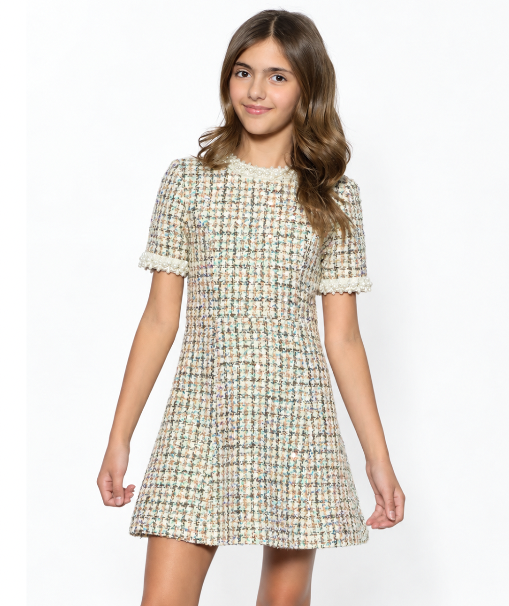 Front view of the Tween Emmy Lou multicolor sequin bouclé dress with pearl-trim neckline and short sleeves on a model.