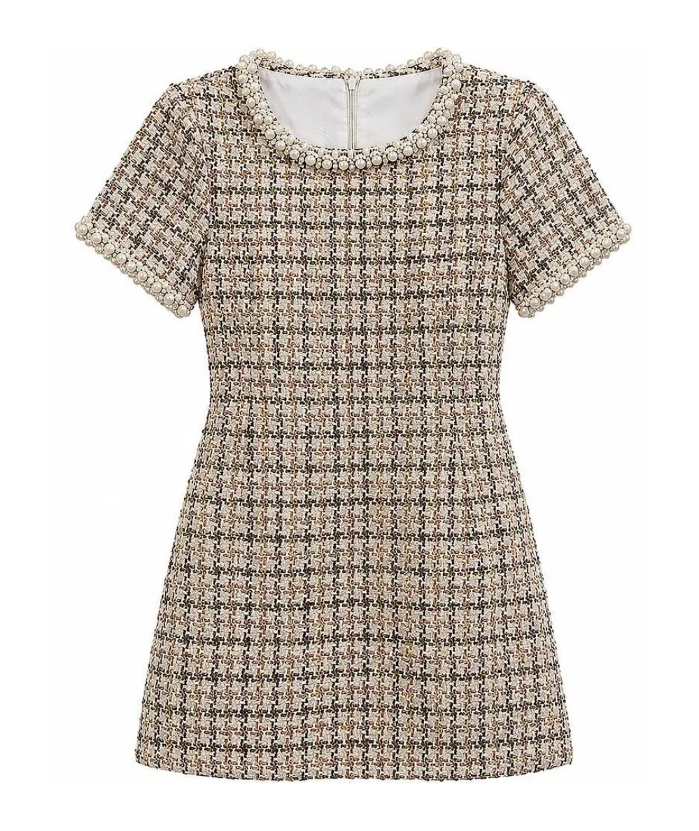     Front view of the Tween Emmy Lou multicolor sequin bouclé dress with pearl-trim neckline and short sleeves.