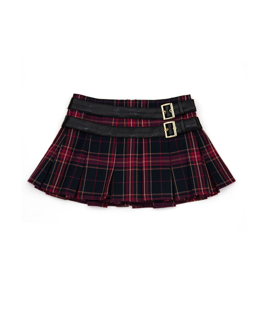 KatieJ NYC Tween Axel belted pleated mini skirt in Navy Berry Plaid with double black belt details, gold buckles, and built-in shorts.