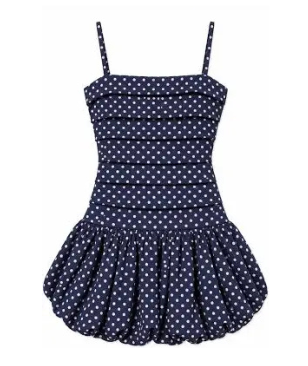 KatieJ NYC Tippy Bubble Dress in evening blue with baby pink polka dots, a pleated bodice, slim straps, and a full bubble hem.