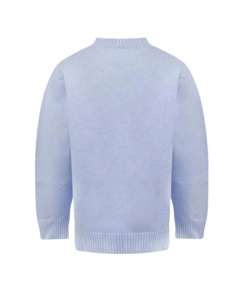 Back view of Lola & the Boys Tween Azure Crystal Bow Cardigan in light blue with four crystal bow closures and ribbed cuffs and hem.