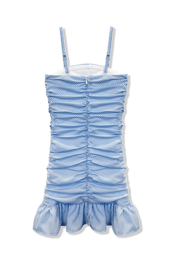 Indigo Striped Ruffle Dress