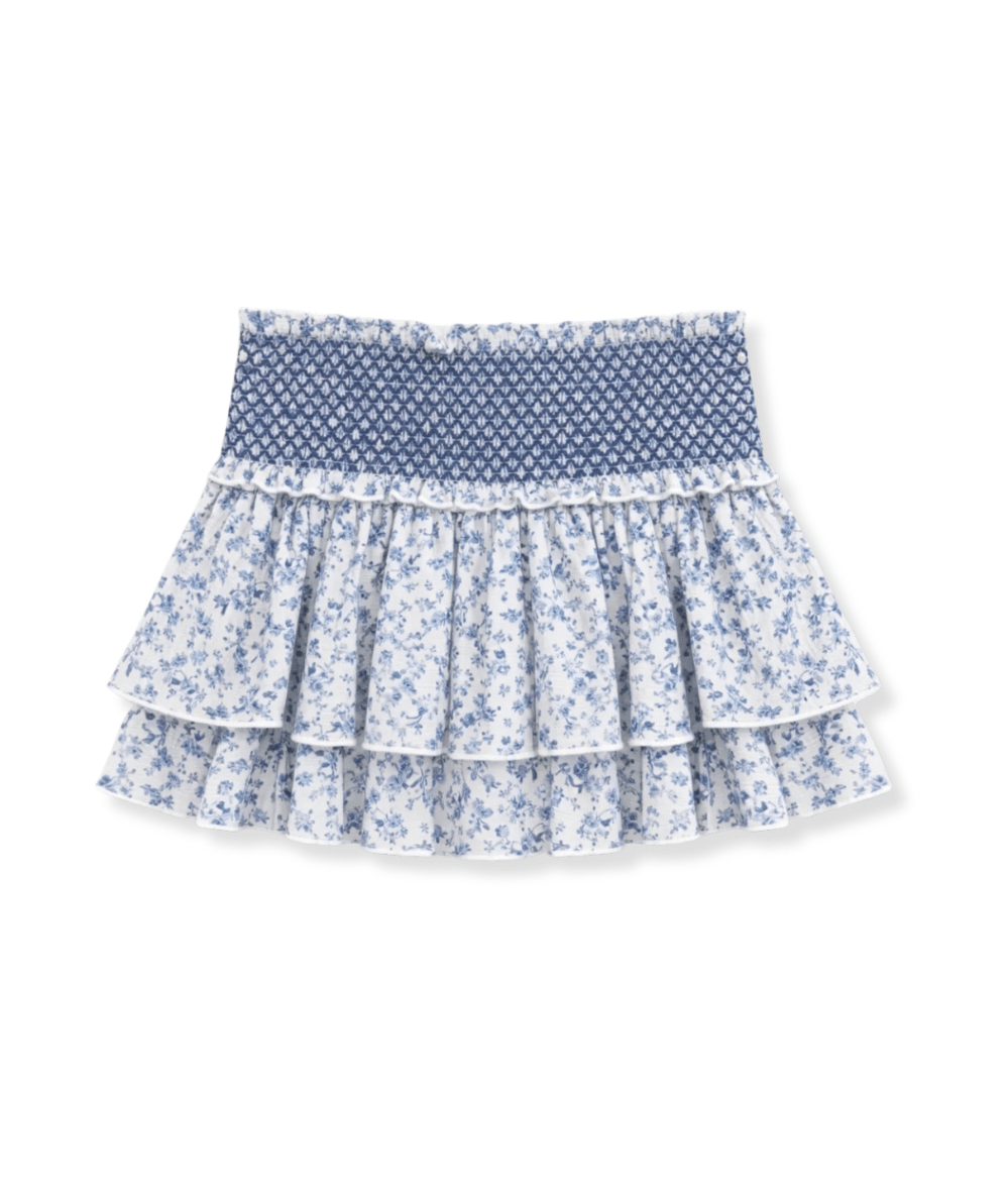 KatieJ NYC Junior Dominique Smocked Waist Skort in Blue Mini Toile print 