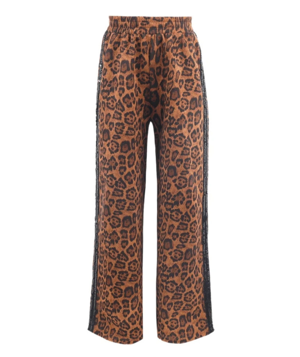Front view of Lola & the Boys tween leopard print wide-leg track pants with black sequin side trim and an elastic waistband.