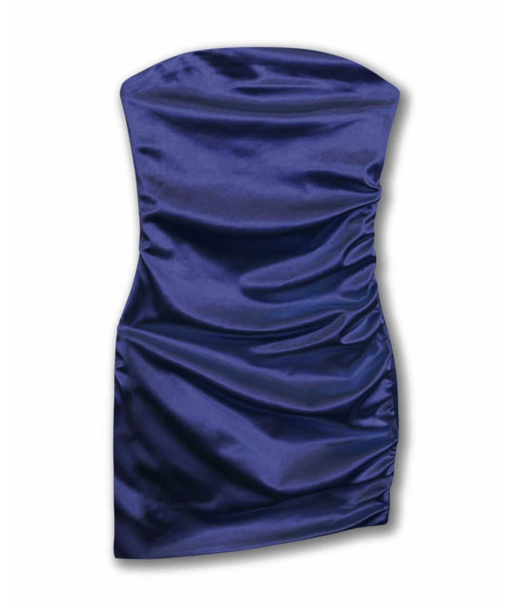 KatieJ NYC Tween Tate Asymmetrical Satin Party Dress in navy with a strapless asymmetrical neckline and fitted silhouette.