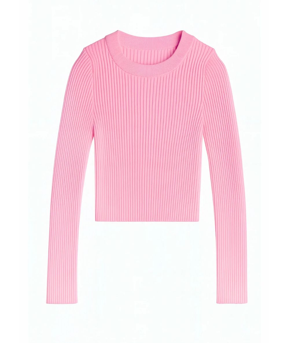 KatieJ NYC Tween Jeannie Ribbed Knit Sweater in Baby Pink soft ribbed crewneck sweater for tween girls.