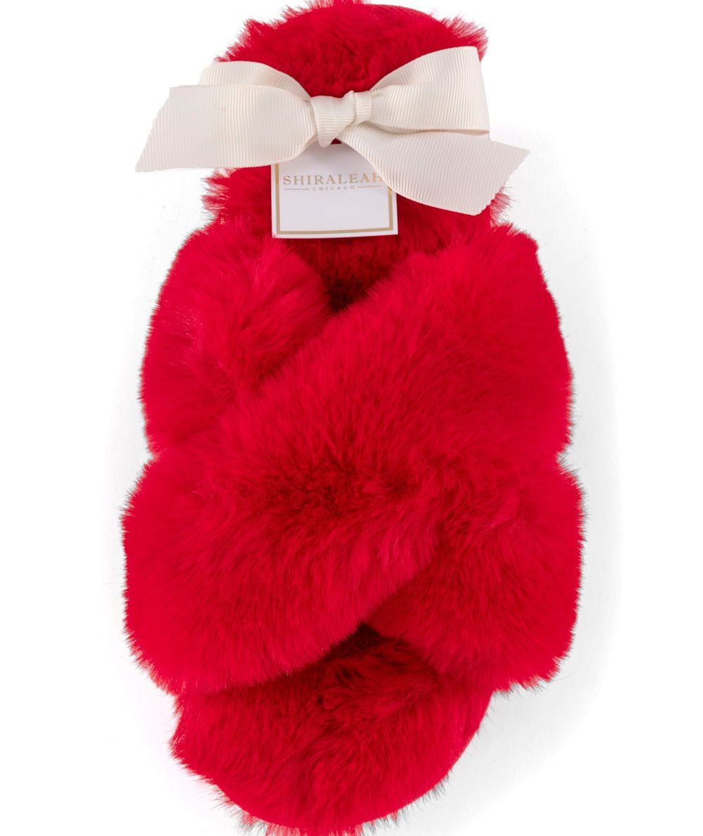 Red fuzzy Christina slippers tied with a cream gift bow, ready for holiday gifting, by Shiraleah - CAKEWISH.