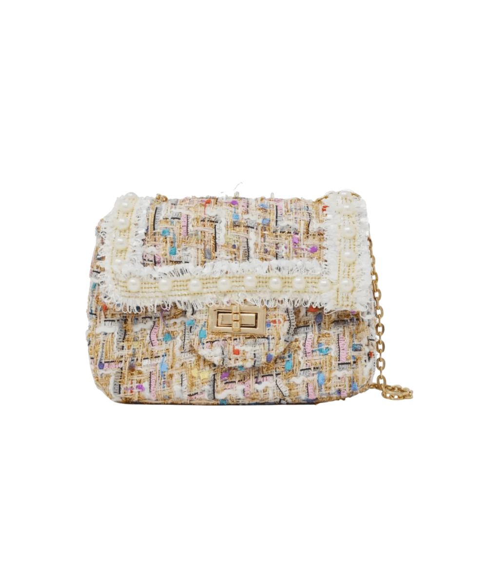 White tweed mini handbag with pearl details and twist lock closure by Zomi Gems - CAKEWISH.