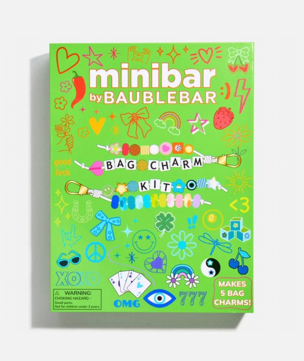 BaubleBar DIY Bag Charm Craft Kit in a bright green minibar box that makes 5 custom bag charms.