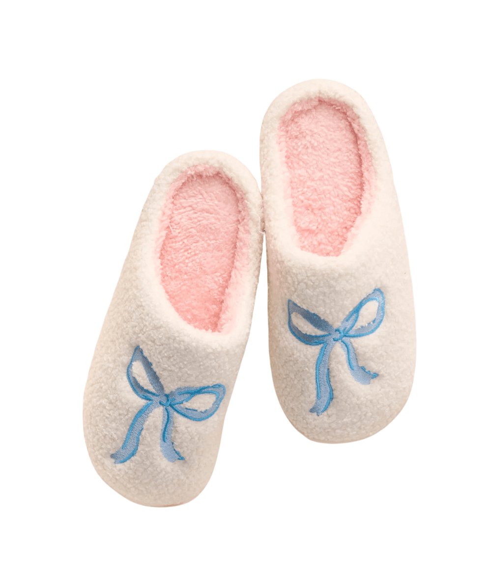 Embroidered Bow Fuzzy Slippers - CAKEWISH