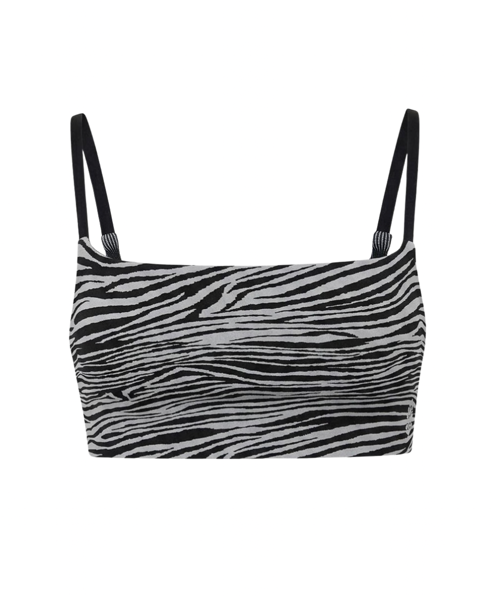 FP Movement women’s Tighten Up Sports Bra in Black Zebra with a square neckline and slim black straps.