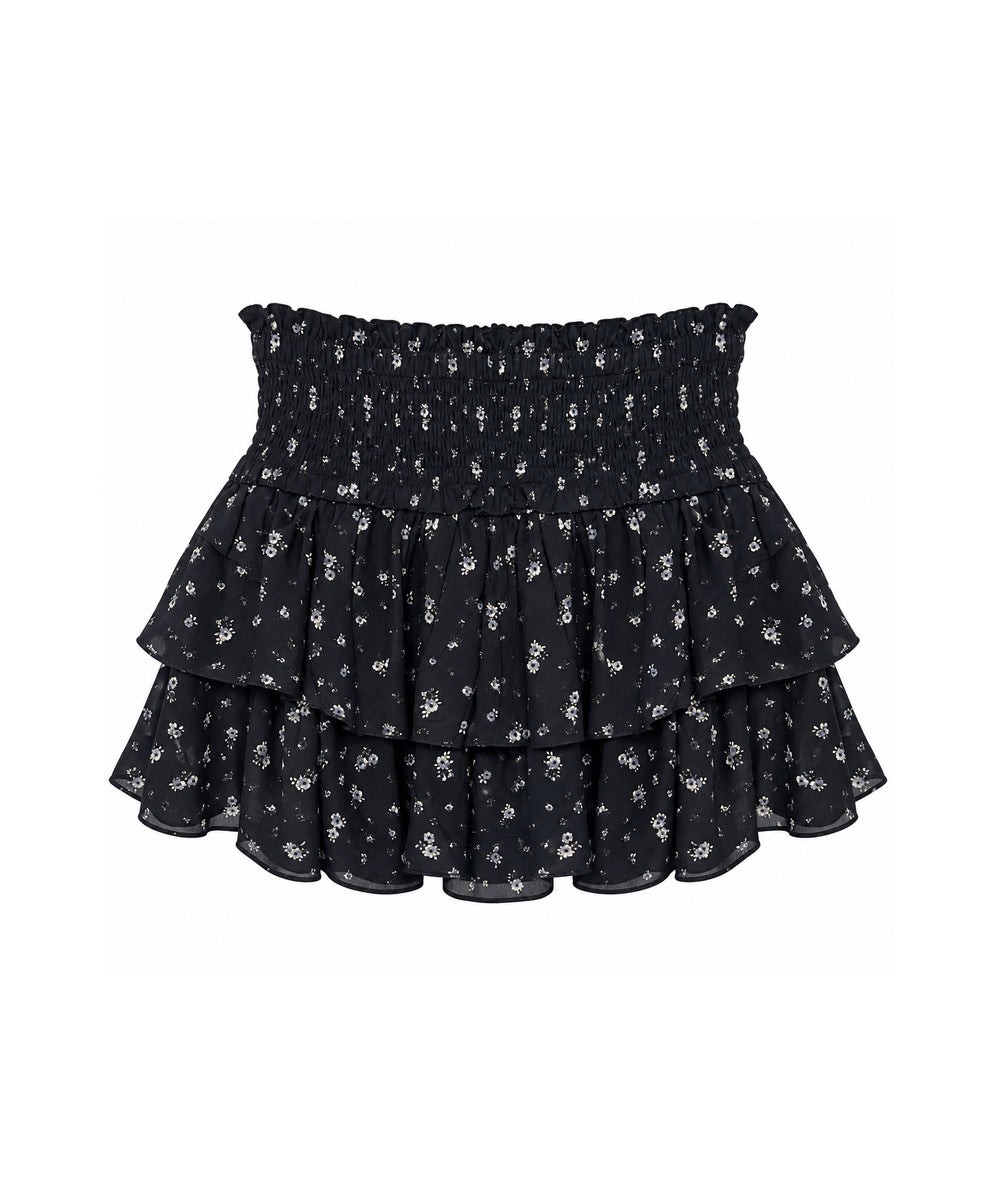 Black floral tiered ruffle mini skirt with tiny white flowers and smocked waist, KatieJ NYC Junior Bianca Skirt - CAKEWISH
