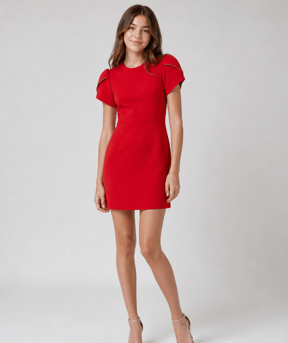 KatieJNYC Imogen Bow Back Mock Neck Short Sleeve Mini Homecoming Dress, Womens, S, Red