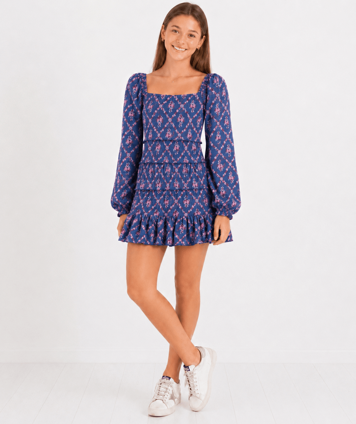 long sleeve junior dresses Laila Floral Print Dress Uniforms, Accountability, and Culture: junior bridesmaids newsizechart Color:White/Classic Navy