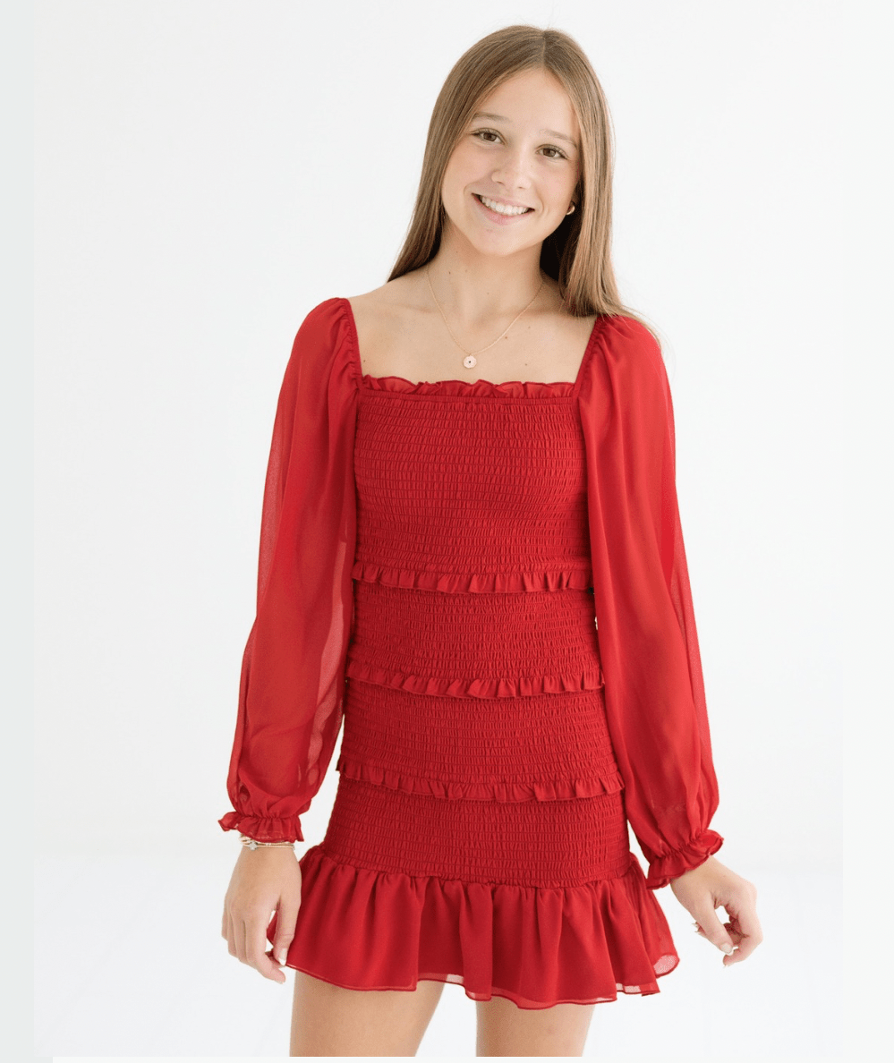 Junior Laila Solid Sheer Long Sleeve Dress - CAKEWISH
