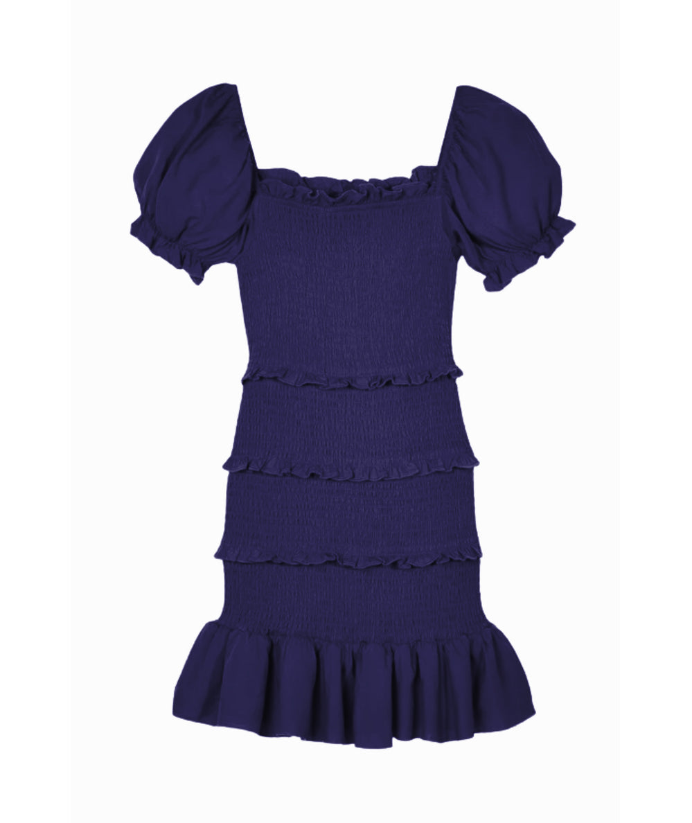 Evening Blue smocked mini dress with puff sleeves and ruffle hem, KatieJ NYC Junior Laila Dress - CAKEWISH