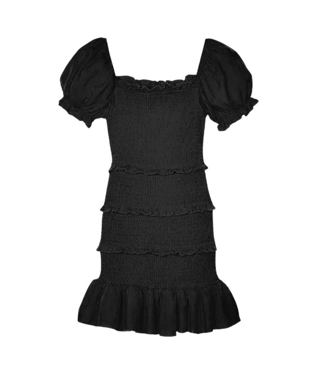 Black tiered smocked puff sleeve mini dress with square neckline, KatieJ NYC Junior Laila Dress - CAKEWISH