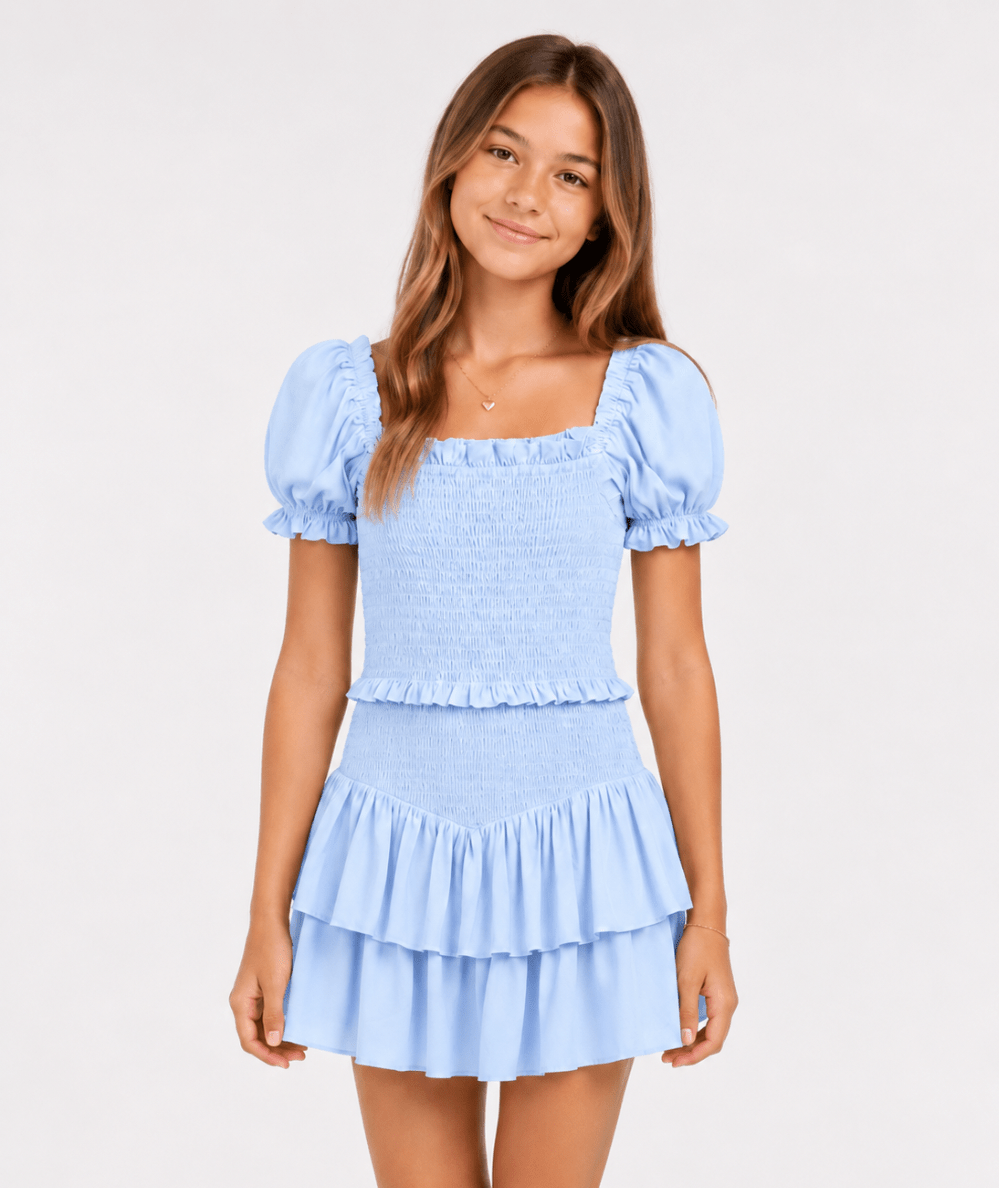 KatieJ NYC Junior Lainey Puff Sleeve Dress in Baby Blue - CAKEWISH