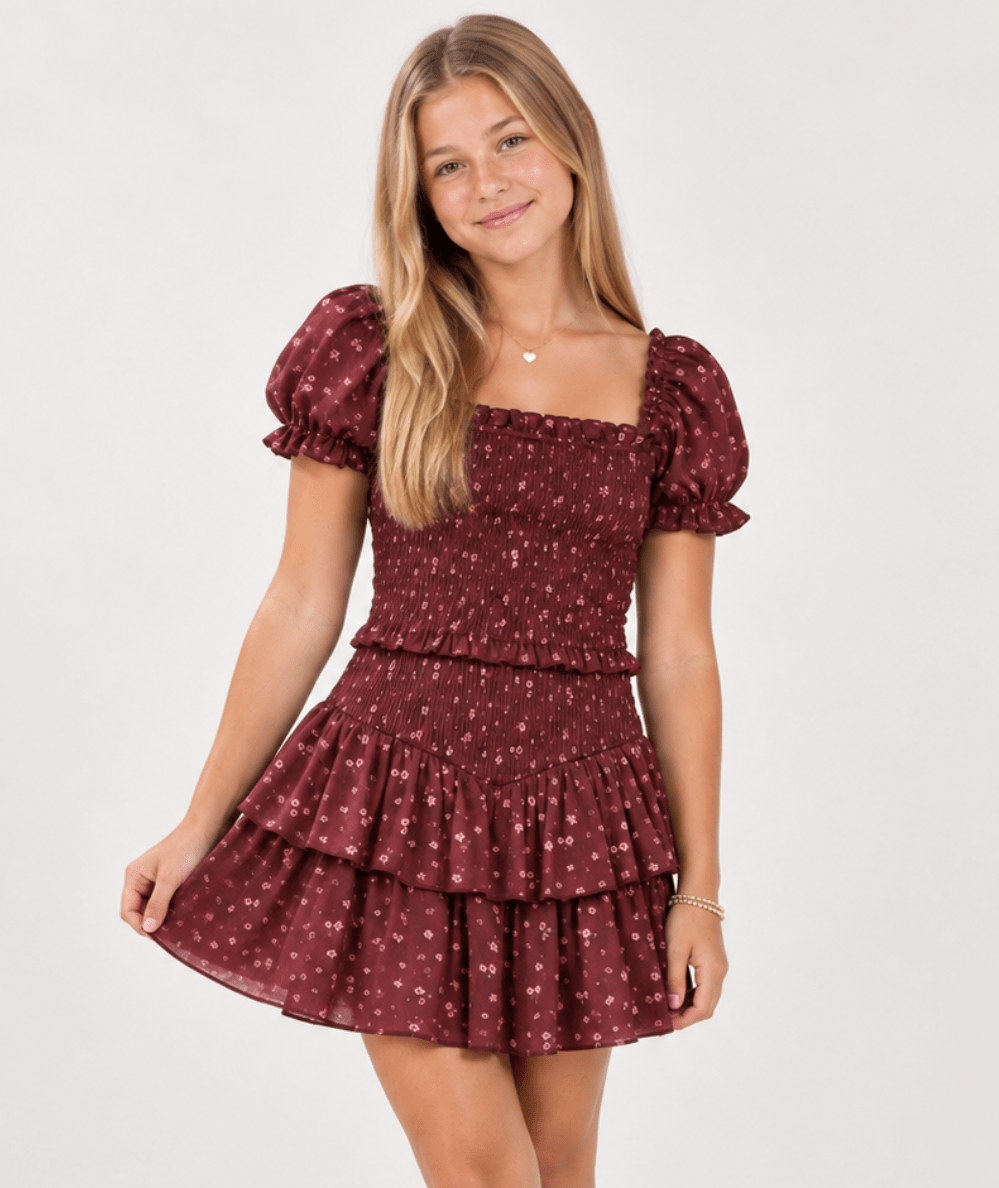 Junior Lainey Puff Sleeve Floral Dress - CAKEWISH