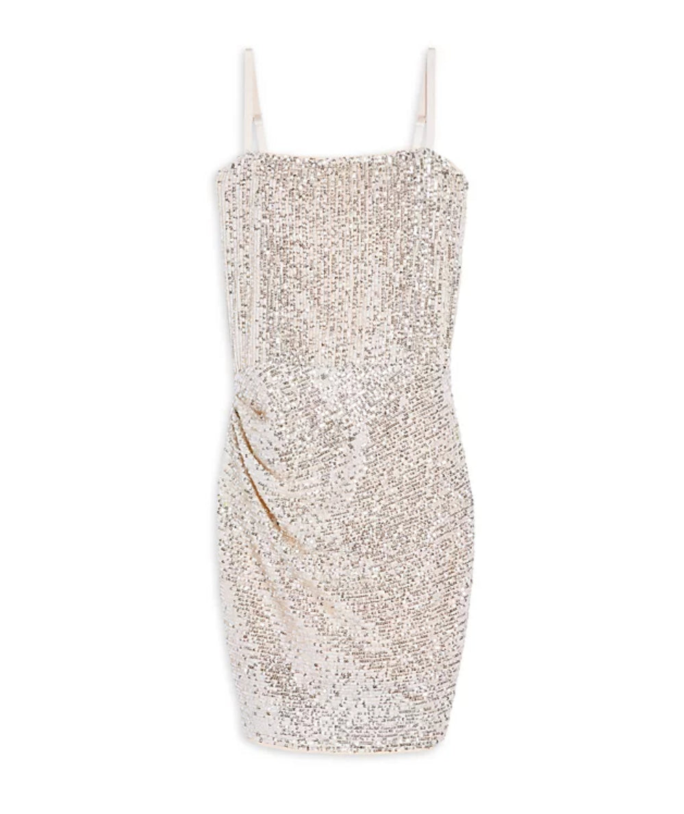 Champagne sequin spaghetti strap mini party dress with gathered hip, KatieJ NYC Junior Maddy Dress - CAKEWISH