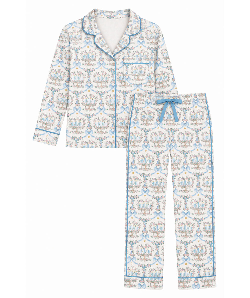 KatieJ NYC Junior Maia holiday pajama set in Baby Blue Menorah Bows, a soft bamboo button-front top and pants for Hanukkah - CAKEWISH