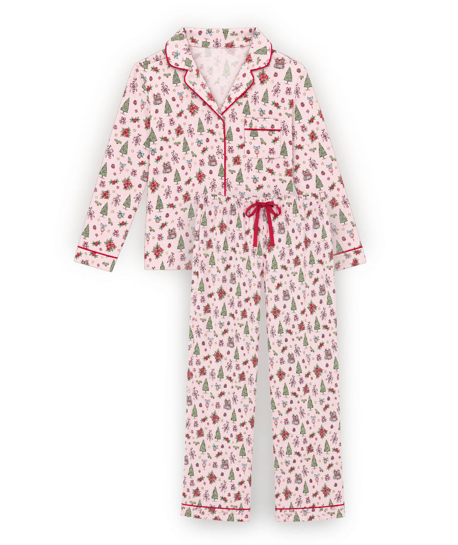 Baby Pink Xmas Doodles print on the KatieJ NYC Junior Maia holiday pajama set with contrast trim and drawstring pants - CAKEWISH