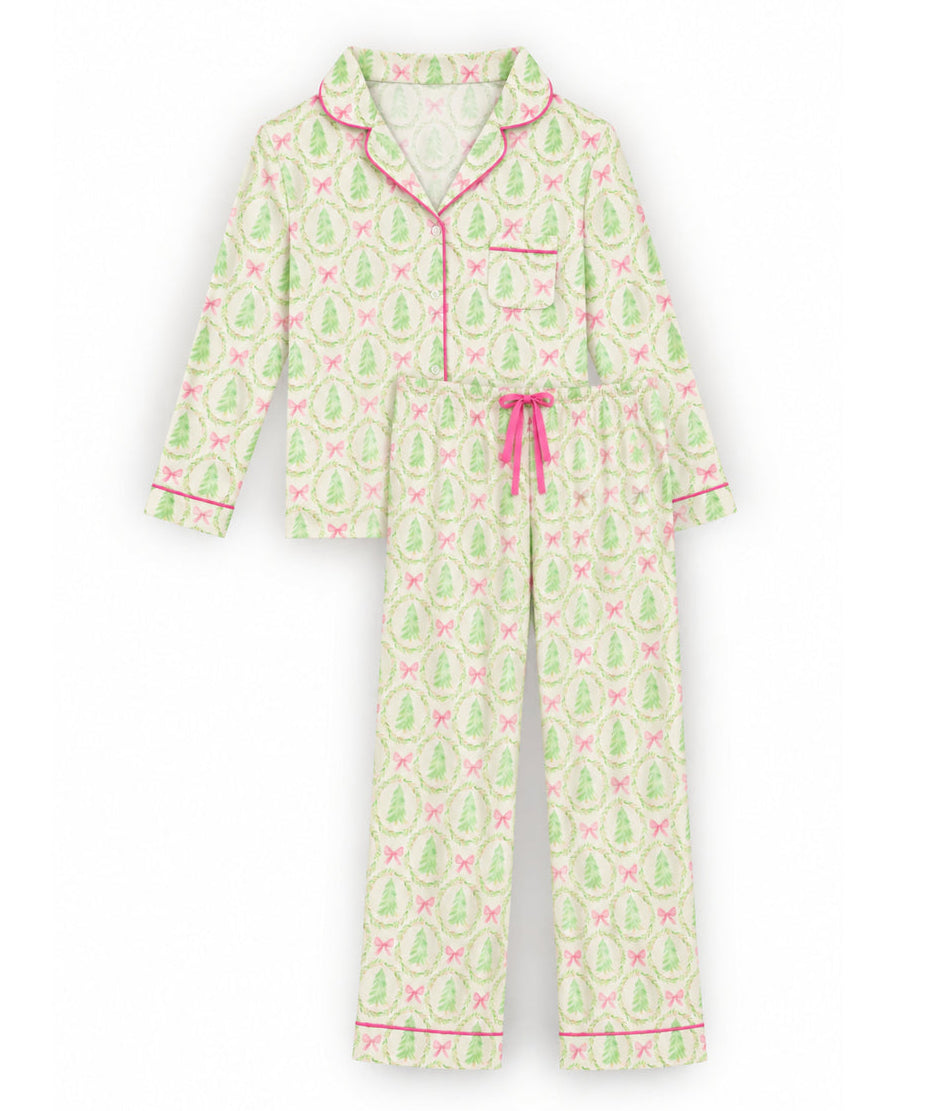 Green Pink Bow Wreath KatieJ NYC Junior Maia pajama set, a festive teen Christmas pajama gift - CAKEWISH