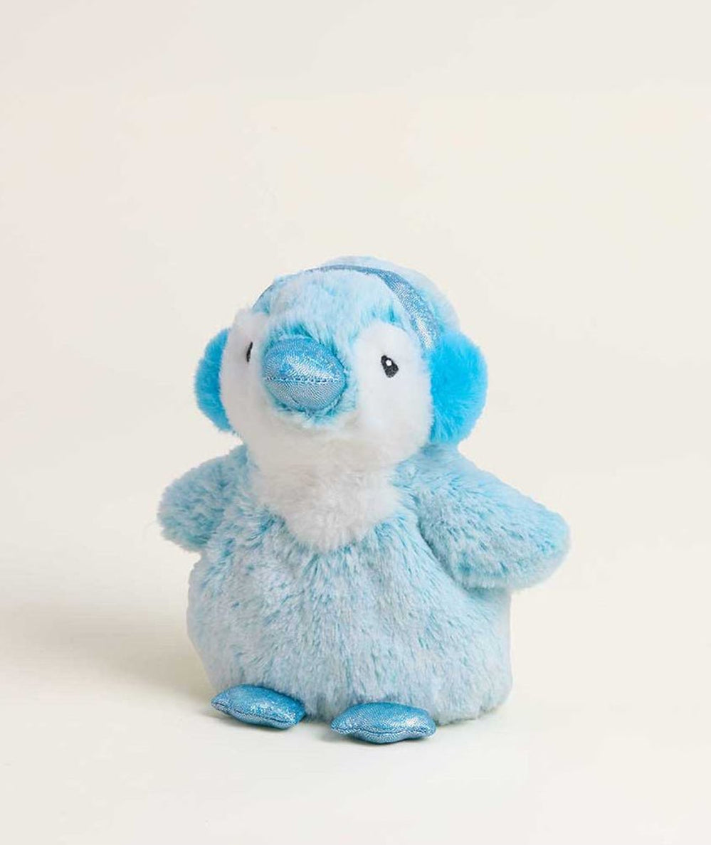 Angled view of the small Frosty Blue Penguin Junior Warmies plush with shiny feet - CAKEWISH.
