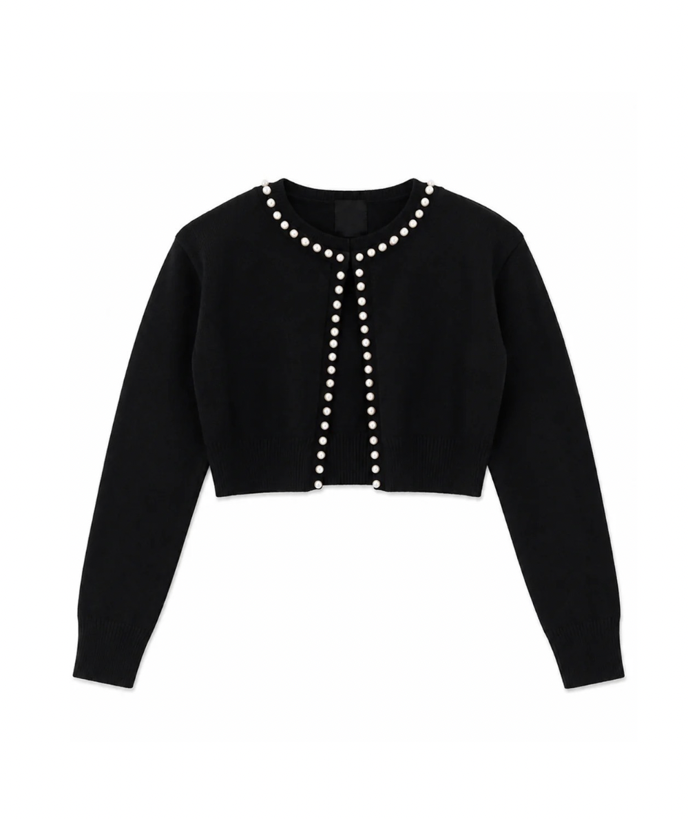 KatieJ NYC Tween Kitty cardigan sweater in black with pearl trim along the round neckline and front opening, long sleeves, and a cropped hem.