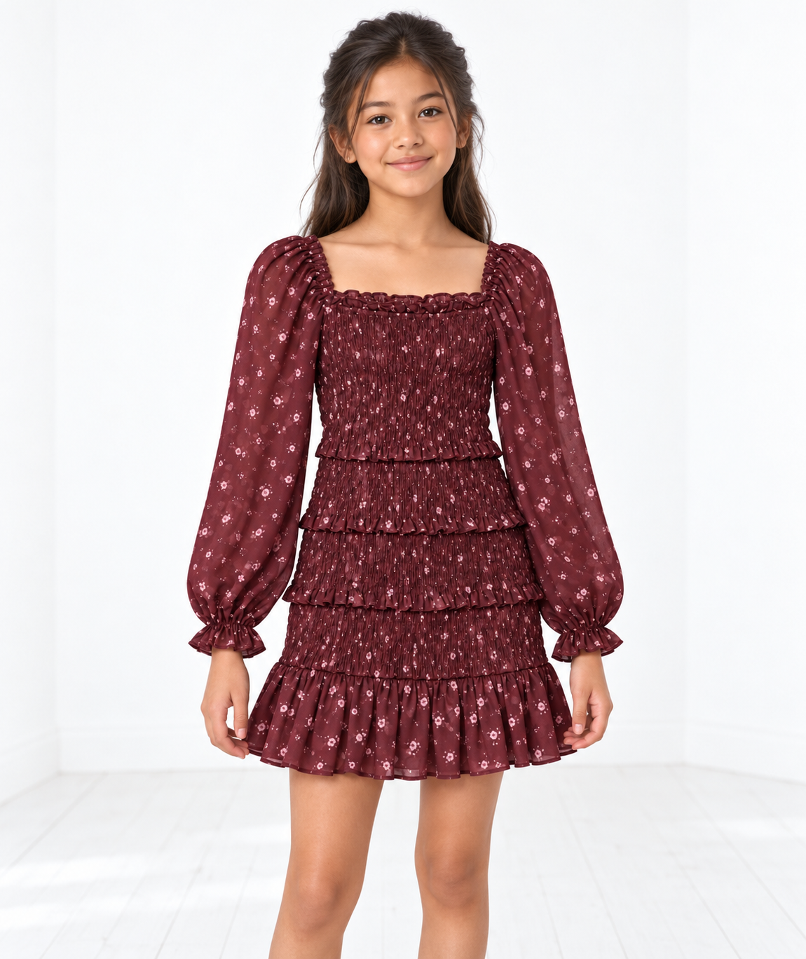 Tween model in the KatieJ NYC Tween Laila Long Sleeve Floral Print Dress in Burgundy Garden Bloom - CAKEWISH