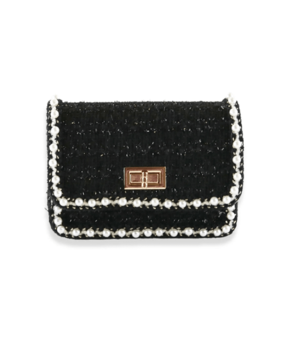 Pearl Trim Tweed Purse in Black by Doe A Dear with textured black tweed - CAKEWISH.