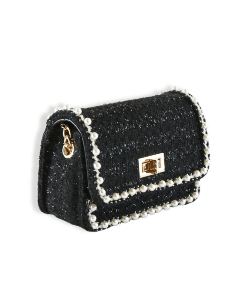 Doe A Dear Pearl Trim Tweed Purse in Black featuring pearl trim detail - CAKEWISH.