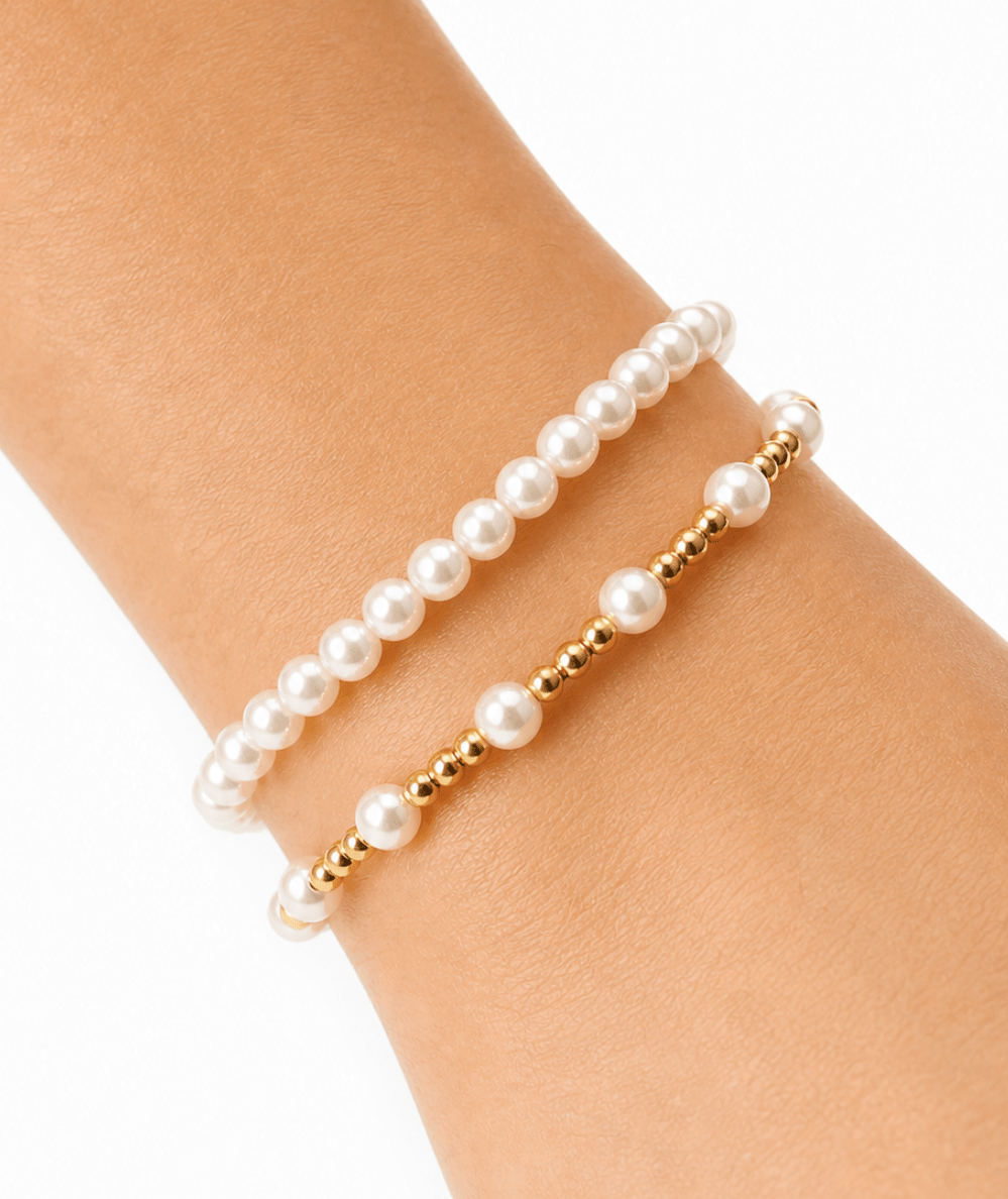 Pearls And Gold Stretch Bracelet Set - CAKEWISH