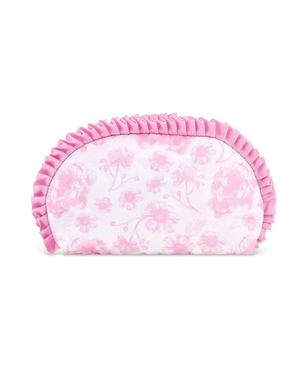 Pretty Pink Toile oval cosmetic bag with pink ruffle trim and zip top, by Iscream - CAKEWISH