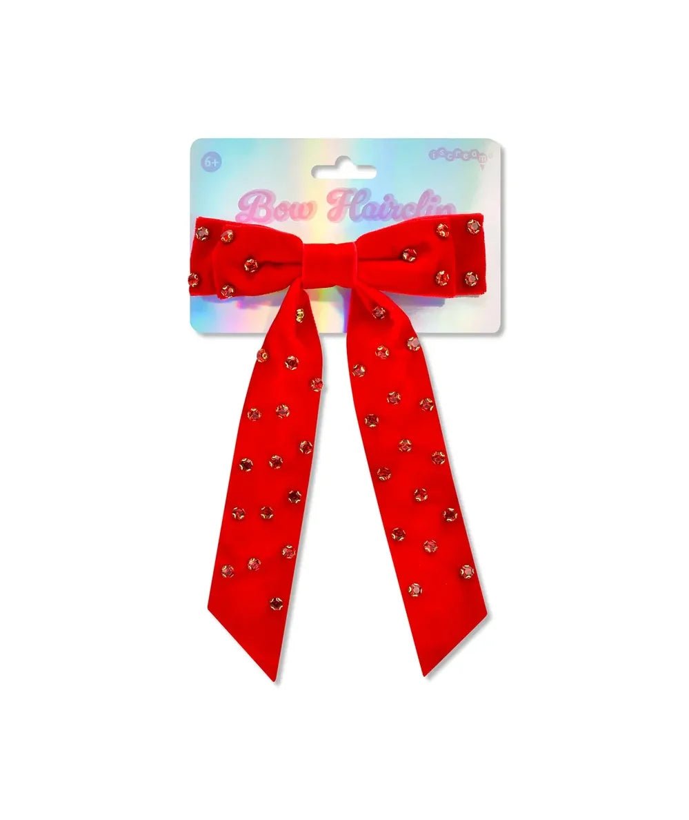 Velvet hair bow clip on the Rhinestone Bow Hair Clip in Red by Iscream - CAKEWISH.