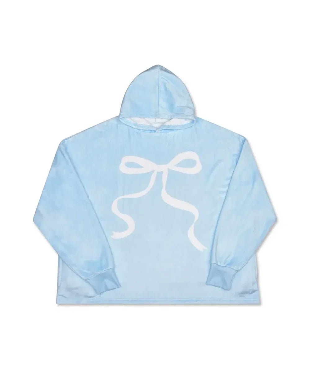 Light blue hooded plush pullover cozy with a white ribbon bow on the front, by Iscream - CAKEWISH