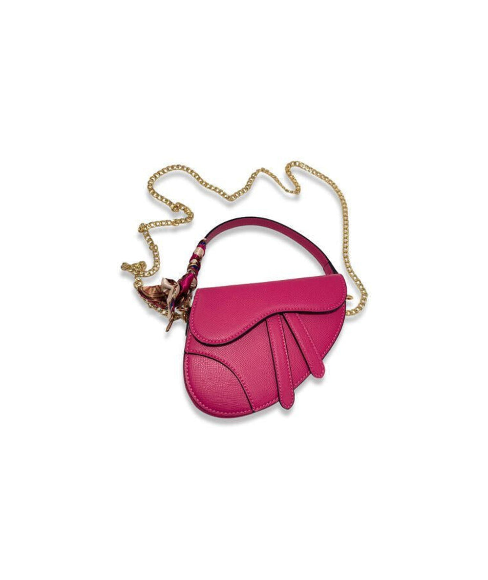 Detachable gold chain strap on the Saddle Purse With Scarf in Fuchsia by Doe A Dear - CAKEWISH.