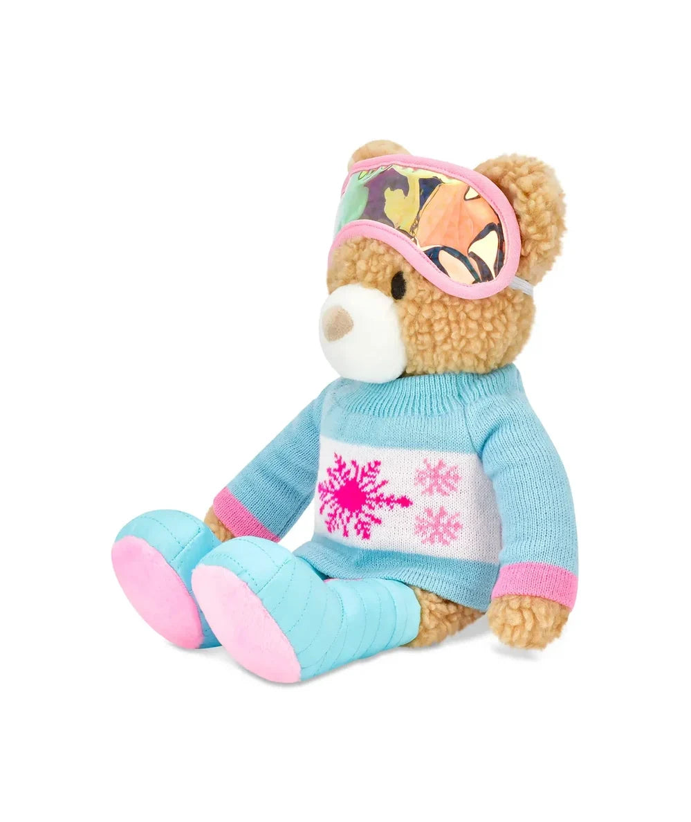 Left side view of the sitting Ski Bear plush character, by Iscream - CAKEWISH