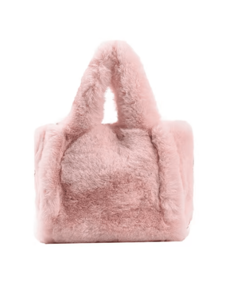 Pink small faux fur fuzzy tote purse with plush top handles by Malibu Sugar - CAKEWISH.