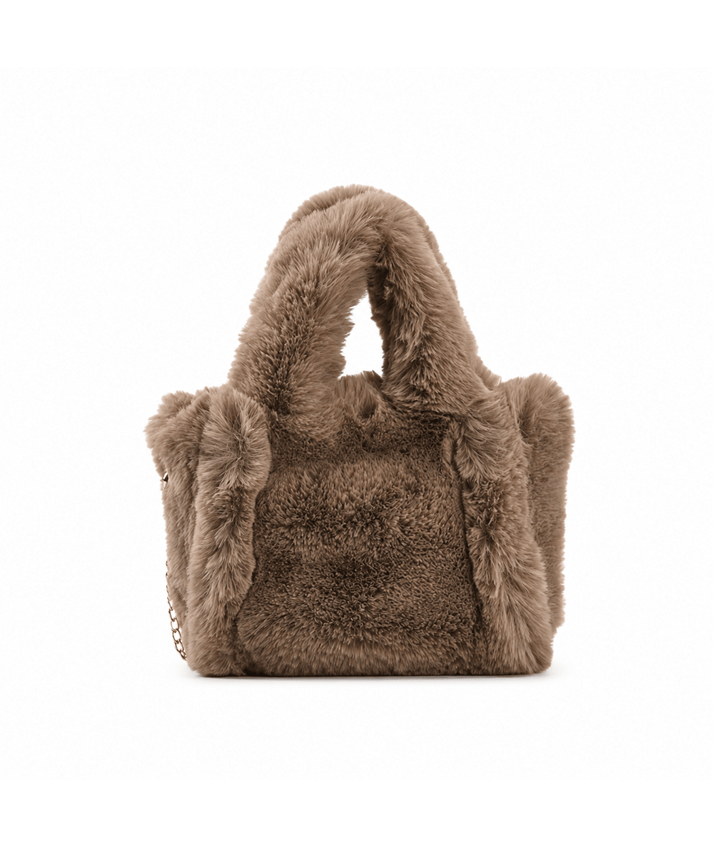 Mocha brown fuzzy faux fur mini handbag, a cozy winter accessory by Malibu Sugar - CAKEWISH.
