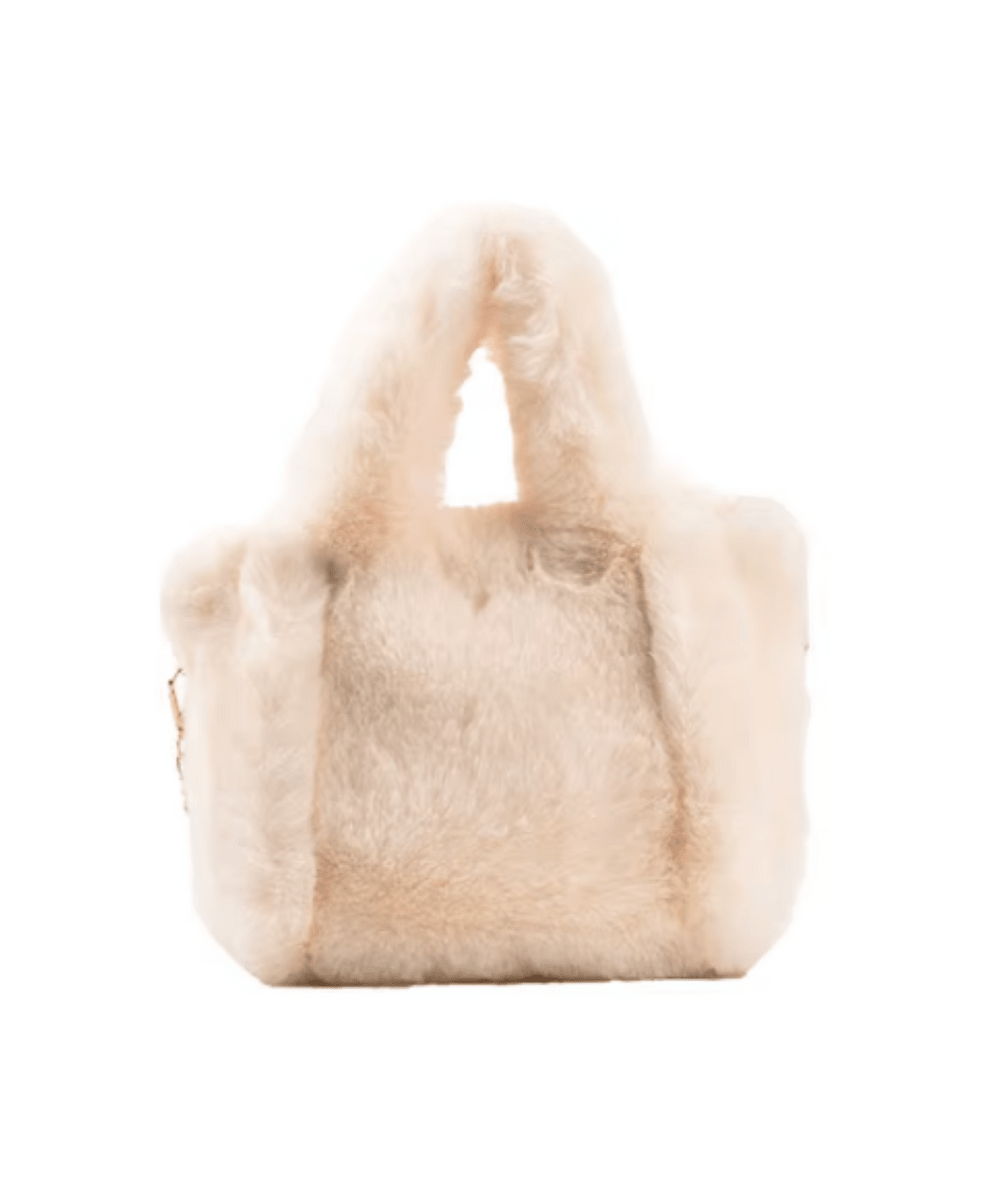 Winter White cream faux fur mini tote purse with fluffy handles by Malibu Sugar - CAKEWISH.