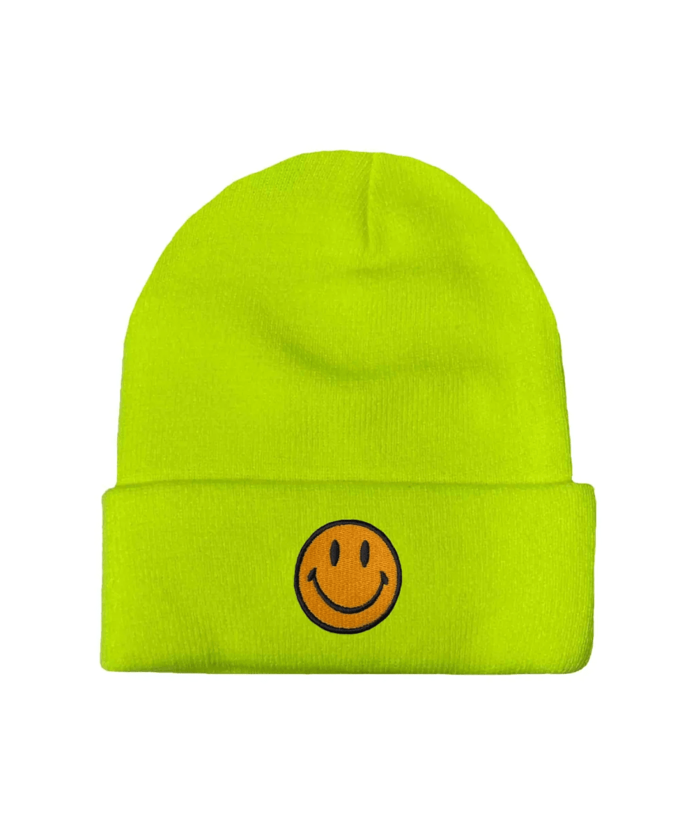 Neon Yellow Smiley Face Beanie by Aviator Nation - CAKEWISH