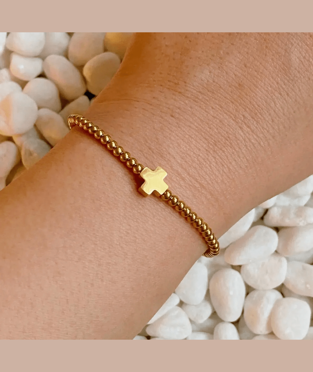 Ellison + Young So Very Blessed cross stretch bracelet with gold plated beads - CAKEWISH